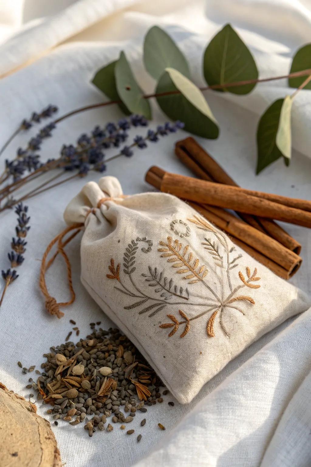 Infuse your space with the cozy essence of autumn using handcrafted sachets filled with lavender and cinnamon.