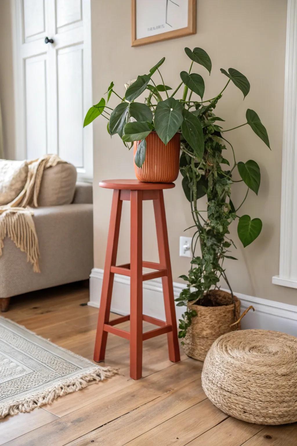 Transform an old bar stool into a chic plant stand and elevate your greenery in style! 🌿✨ #ThriftFlip #ScandiBoho #PlantLovers
