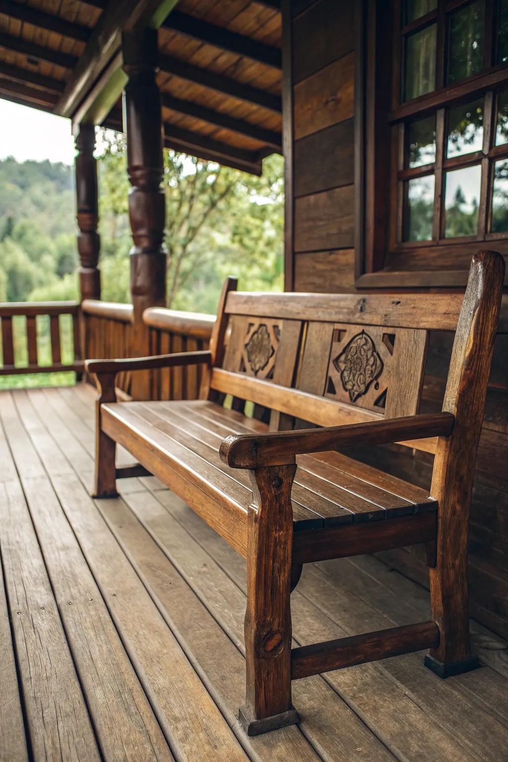 Elevate your porch with the timeless elegance of custom timber benches.