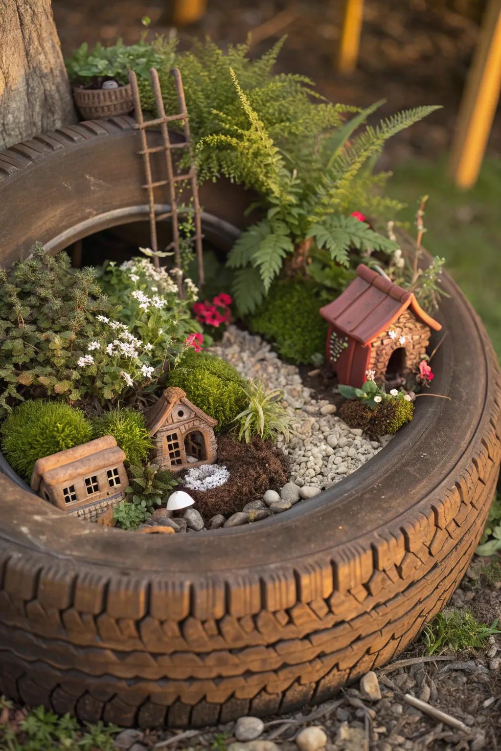 Step into a magical world with this enchanting fairy garden tire planter, where imagination and craftsmanship come alive.