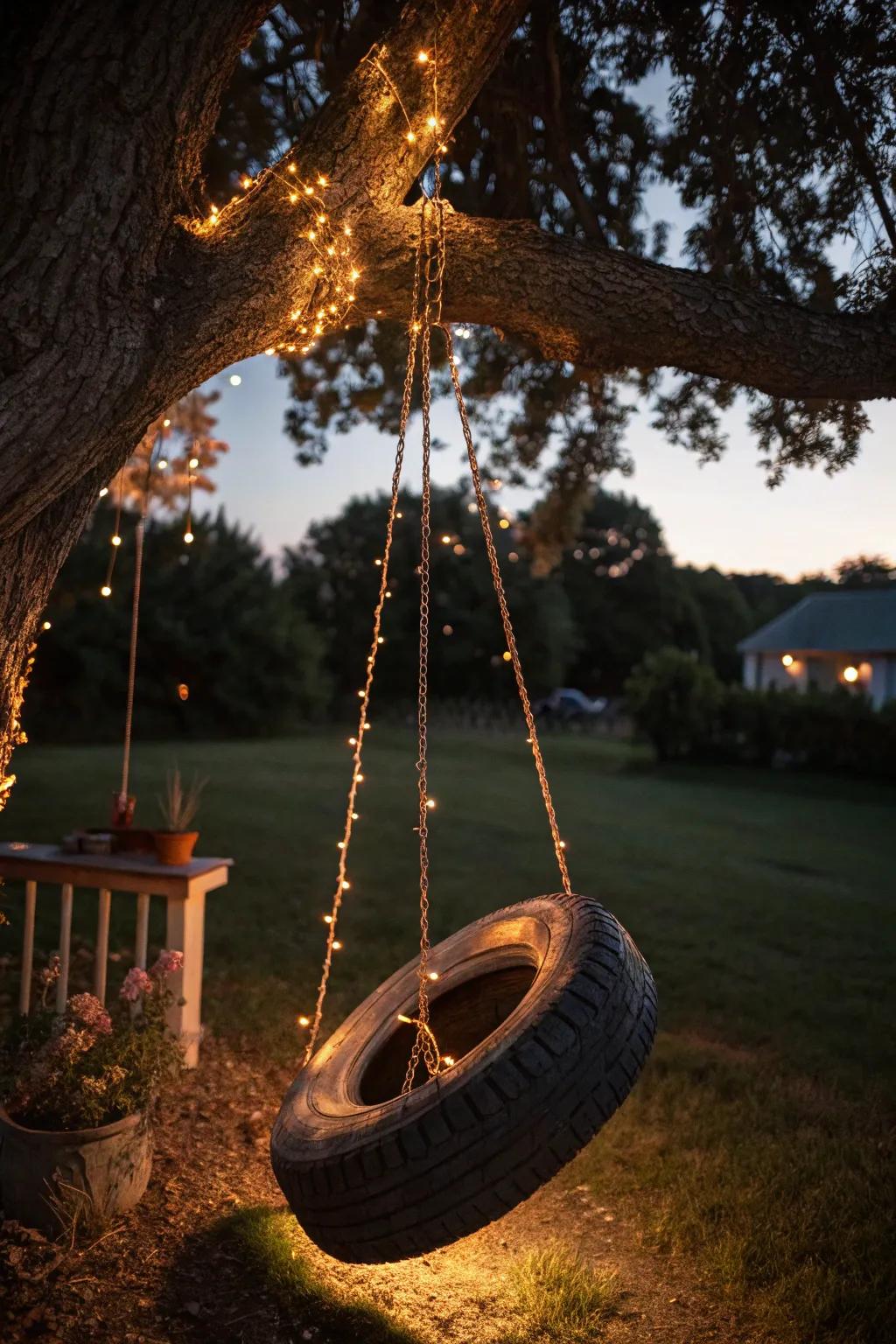 Illuminate your evenings with a magical tire swing wrapped in solar-powered fairy lights.