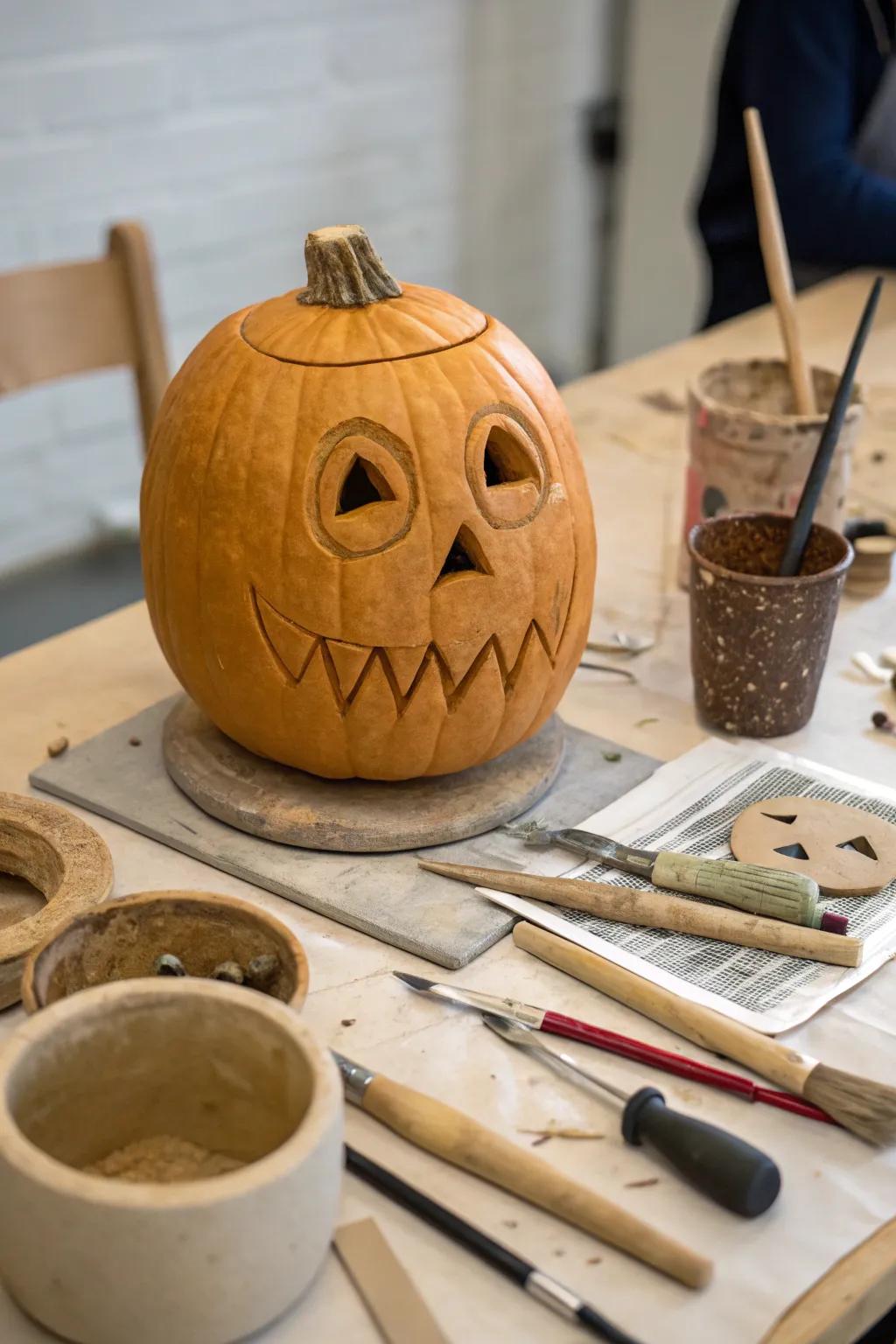 A pumpkin featuring clay-created faces.