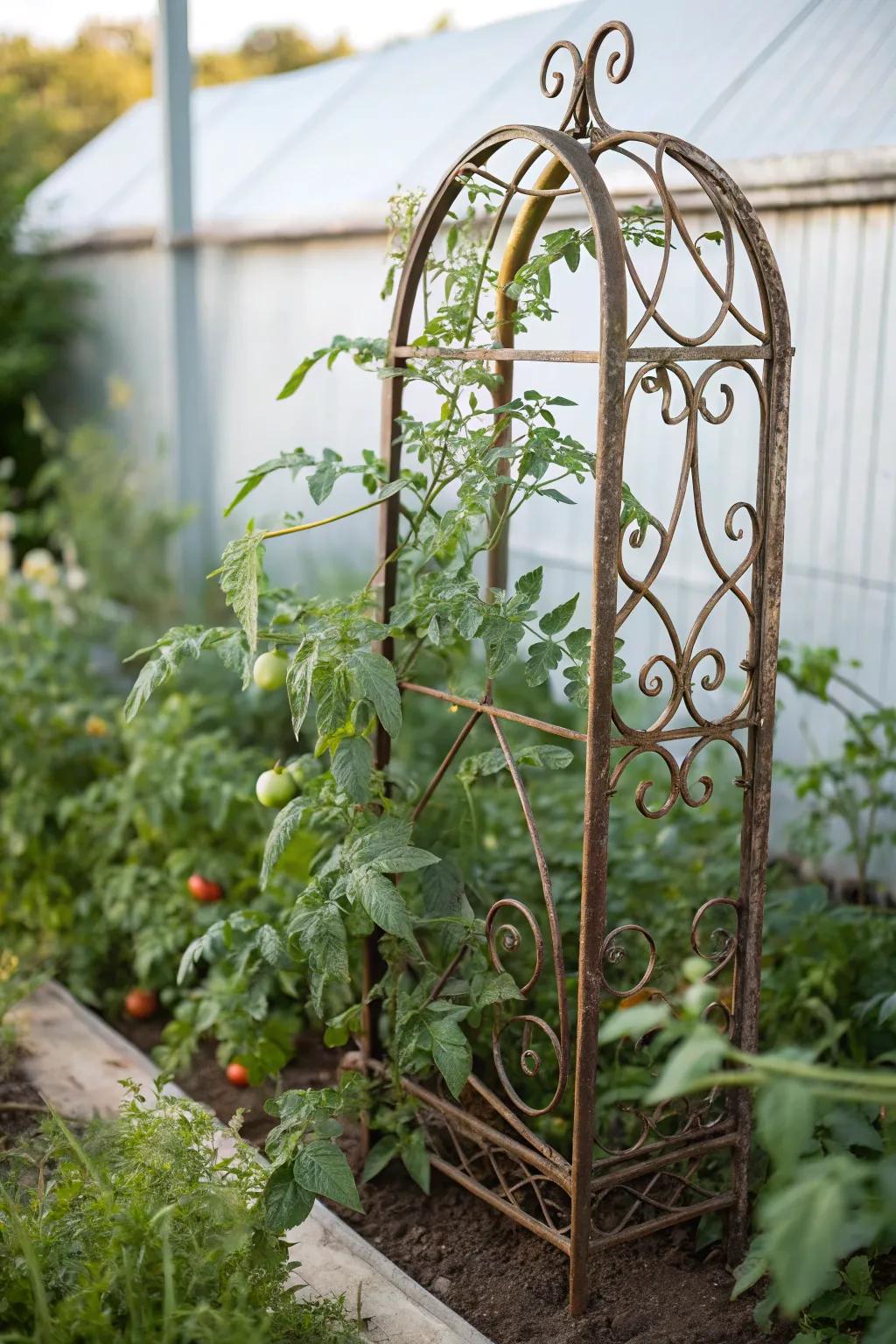 Transform your garden with rustic elegance using recycled metal fencing as eco-friendly tomato supports.