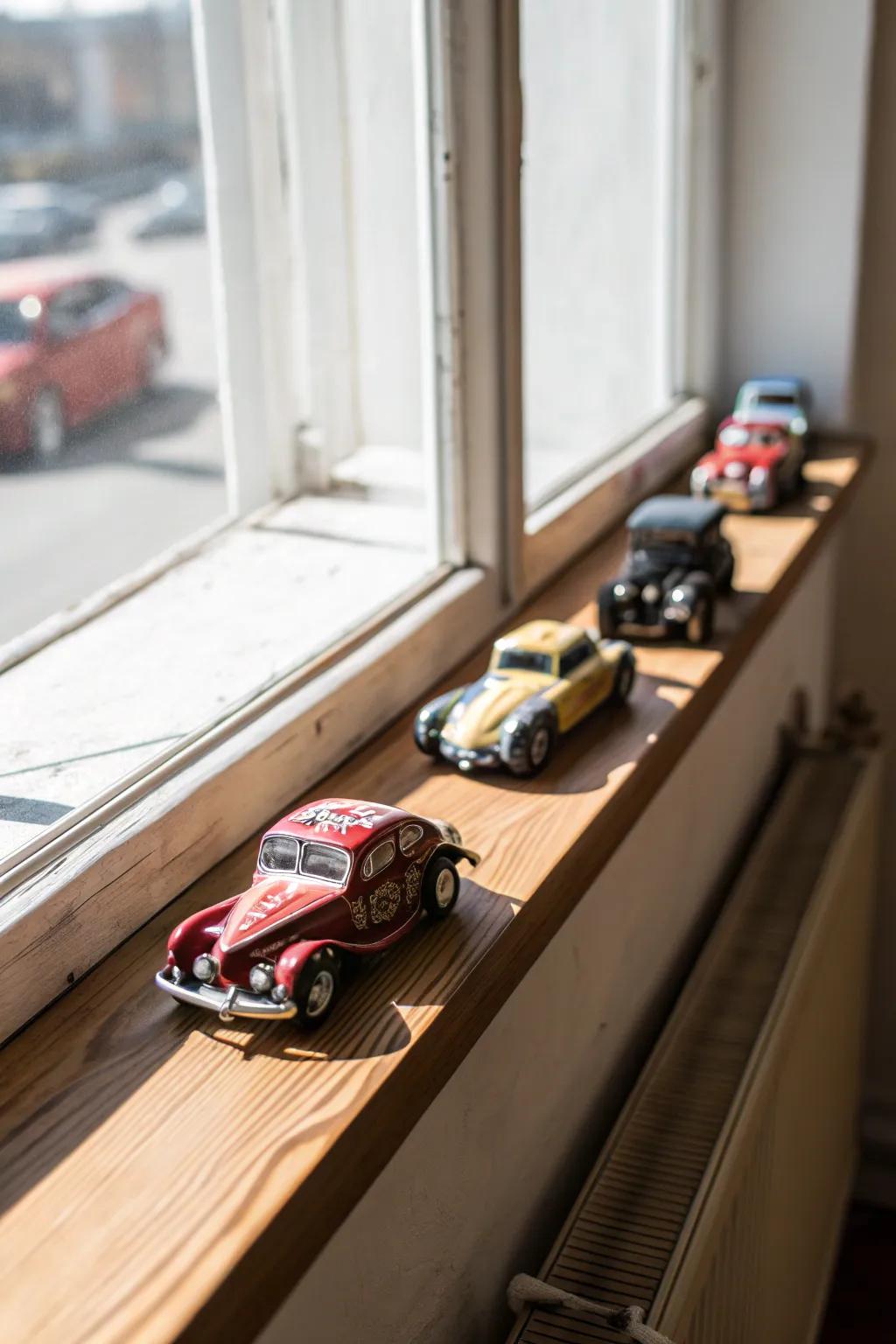 Transform your window sill into a dynamic toy car showroom that captures the essence of craftsmanship and nostalgia.