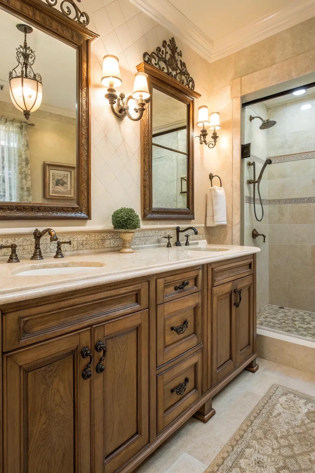 Vintage hardware adds a timeless touch to the design.