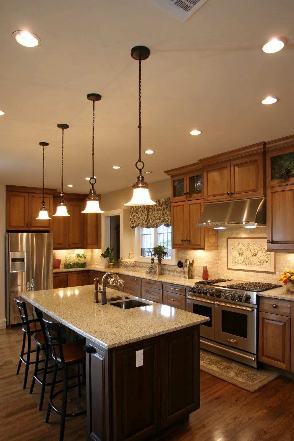Layered lighting enhances both function and atmosphere.