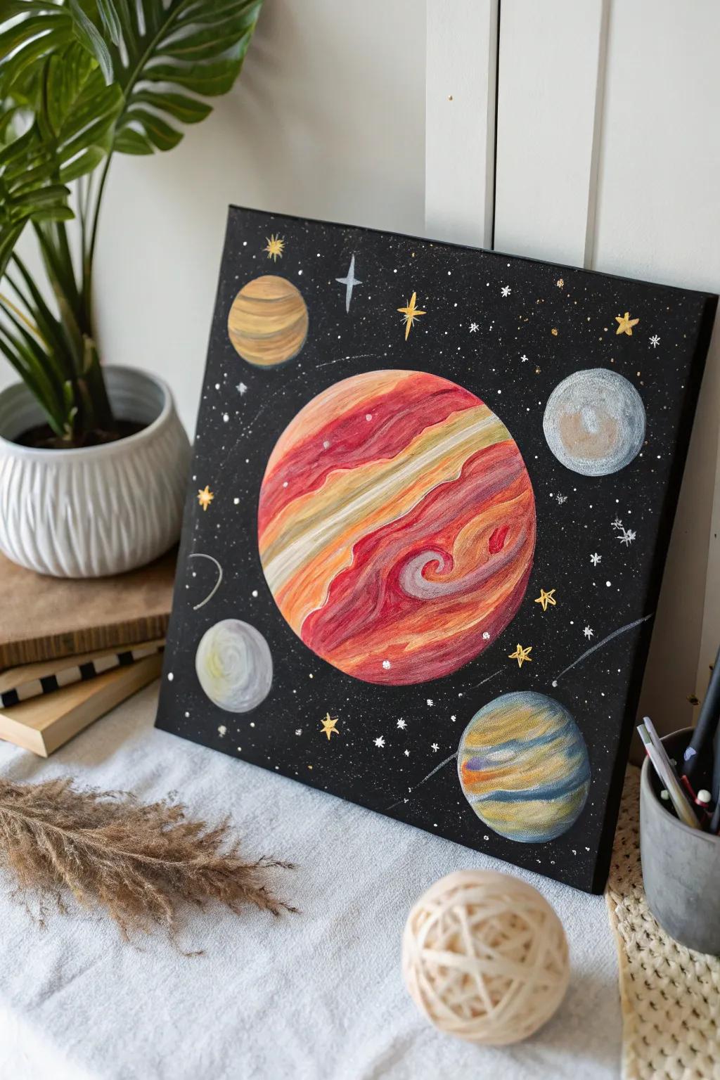 Explore the cosmic dance of celestial bodies with this enchanting masterpiece that blends minimalist elegance with boho charm.
