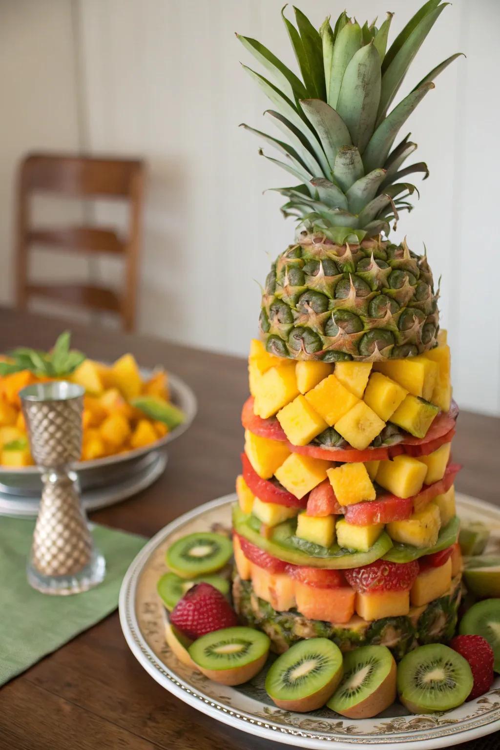 A layered fruit tower makes for an impressive and eye-catching centerpiece.