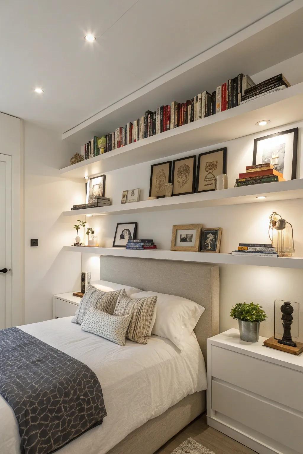 Floating shelves maximize space and style.