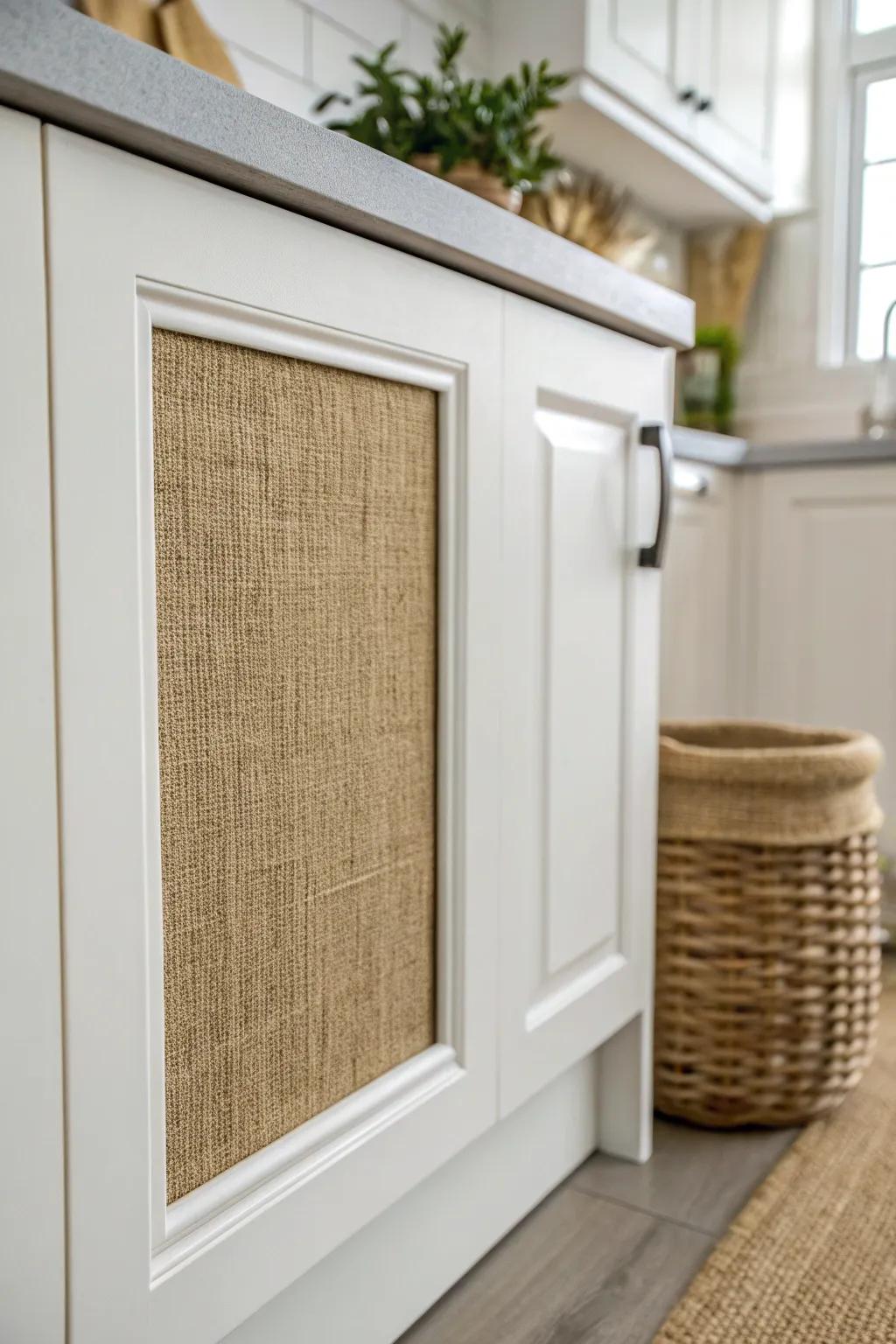 Transform your kitchen with rustic charm: try burlap fabric inserts for a cozy, farmhouse touch.