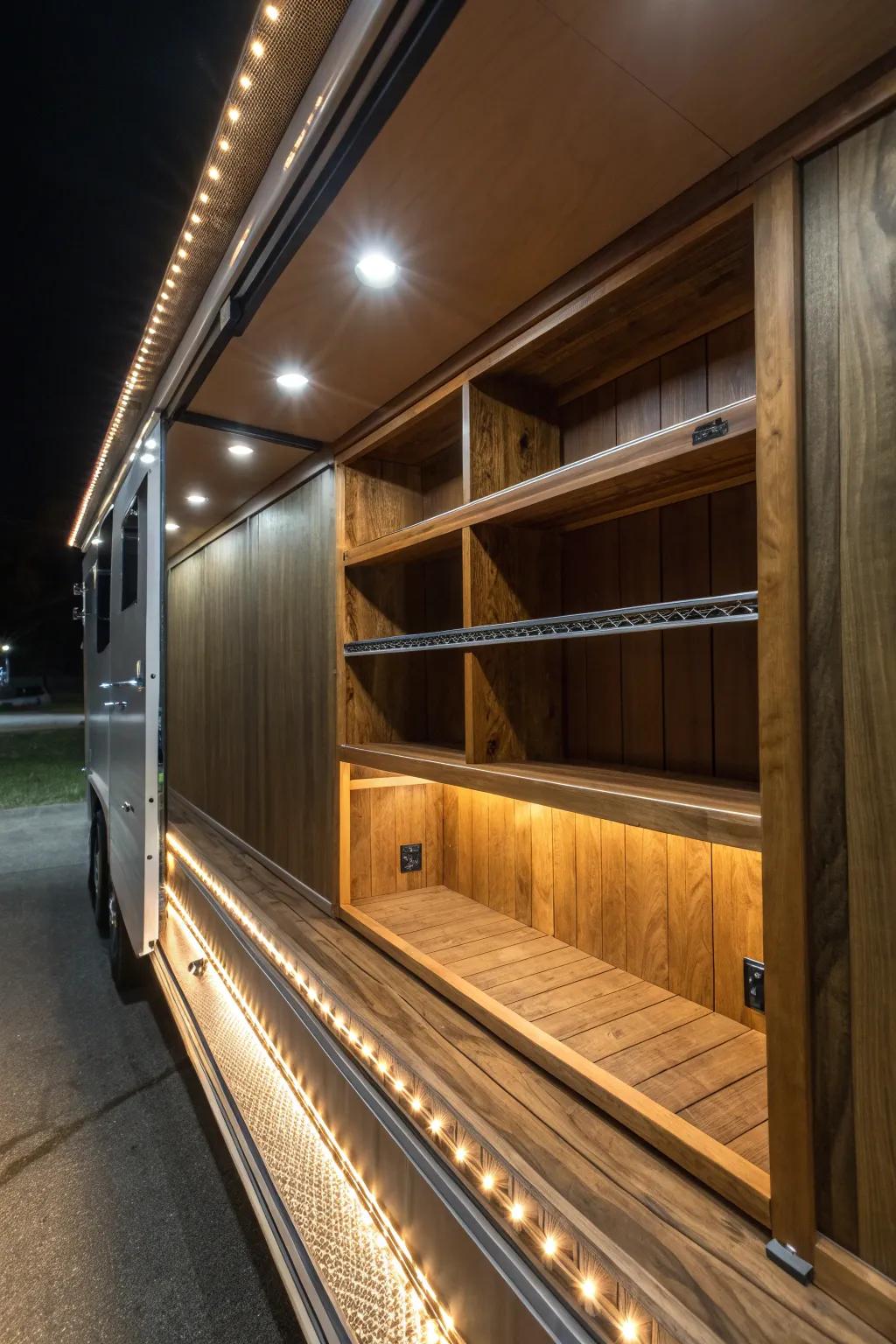 Illuminate your workspace with style: LED-lit shelving for the discerning craftsman.