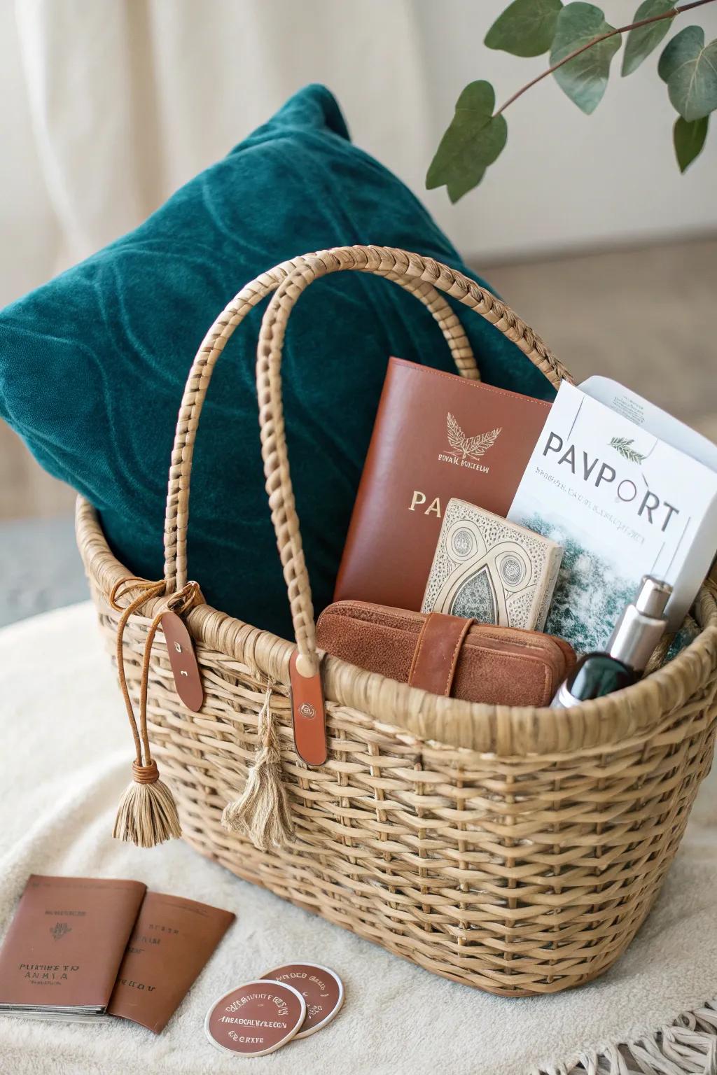 Gift the wanderlust in him with this chic travel essentials basket, perfect for his next adventure!