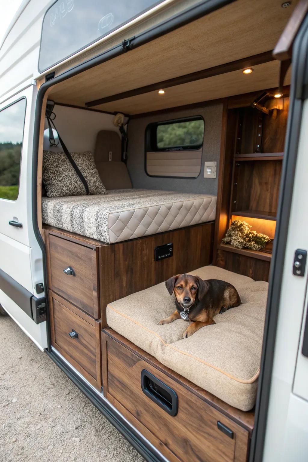 Craft the perfect pet nook in your van conversion for your furry friend, blending functionality with style.