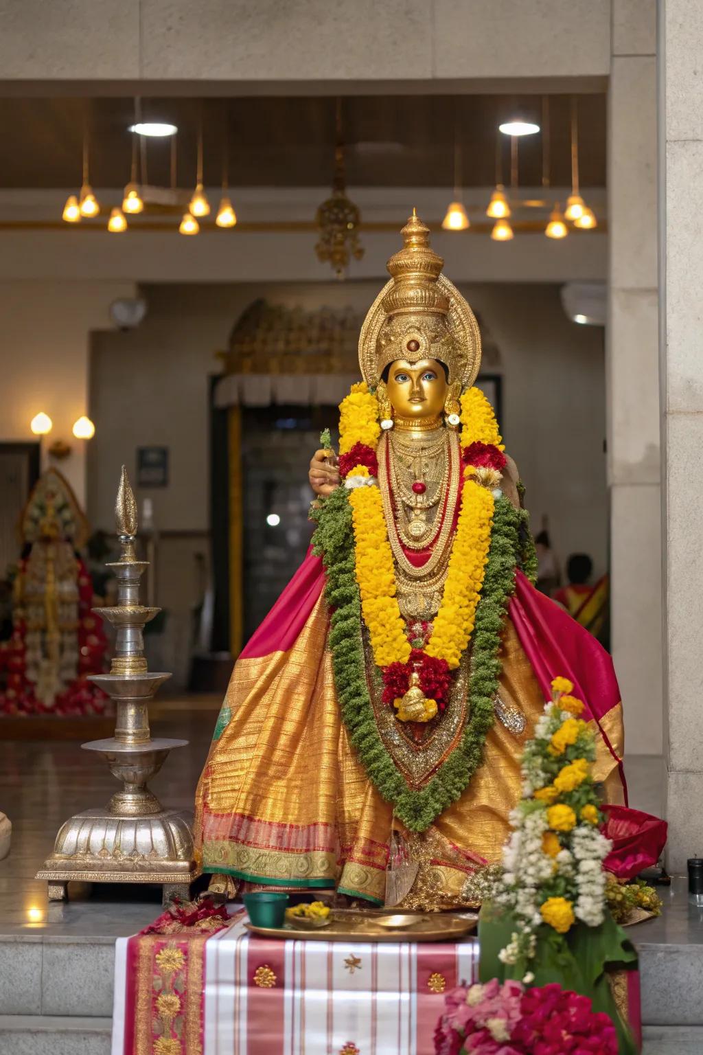 Double saree draping adding depth and richness to the Varalakshmi Vratam idol.