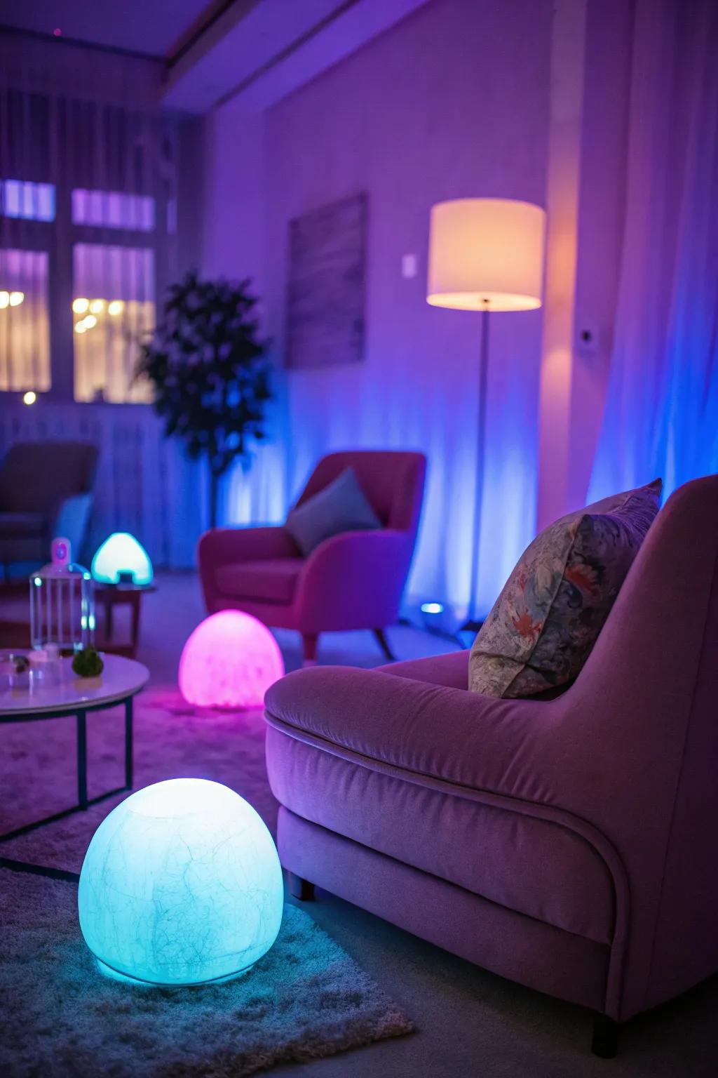 Colored lighting transforms the room's ambiance.
