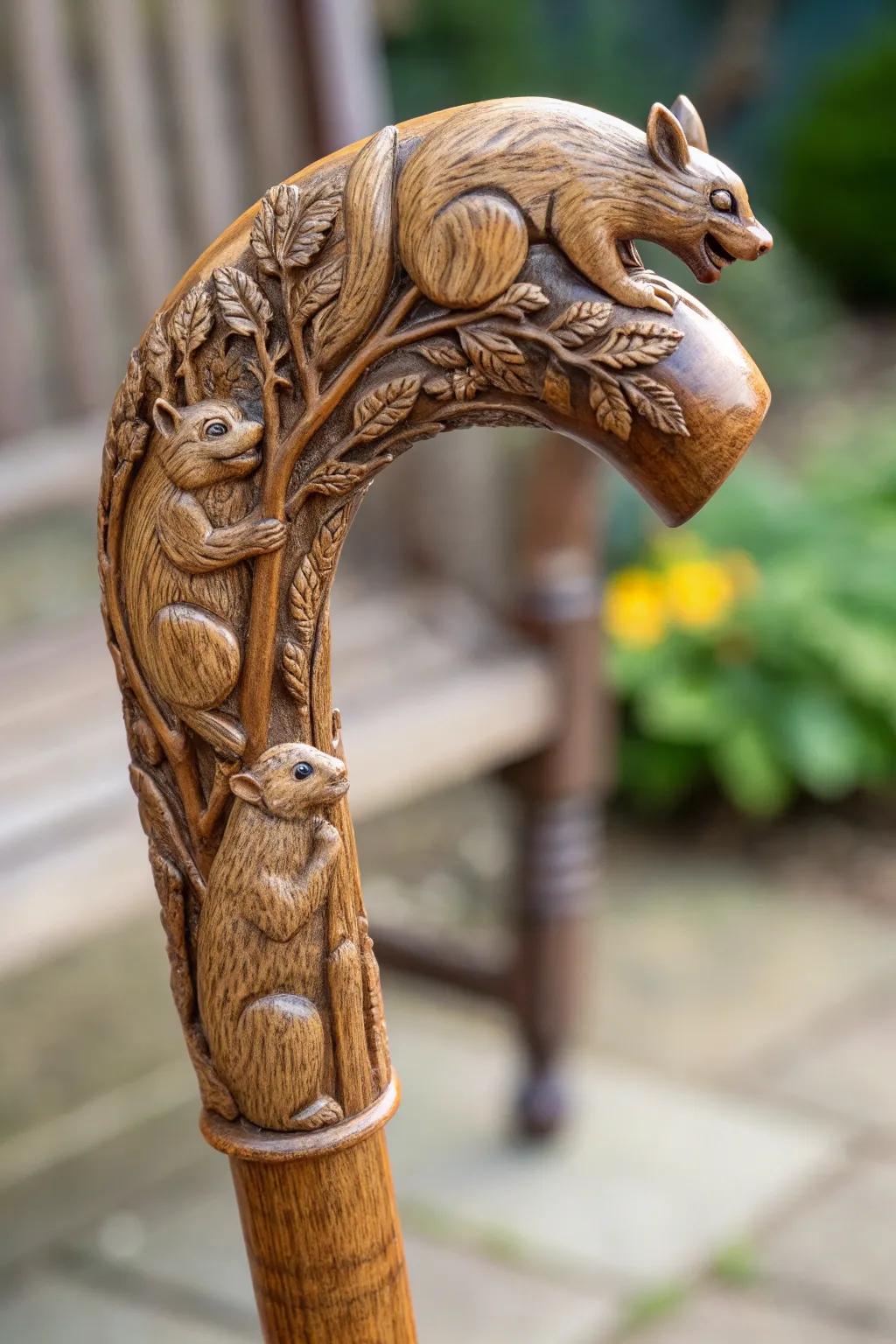 Bring a smile with this mischievous squirrel walking stick carving. A perfect blend of humor and craftsmanship.