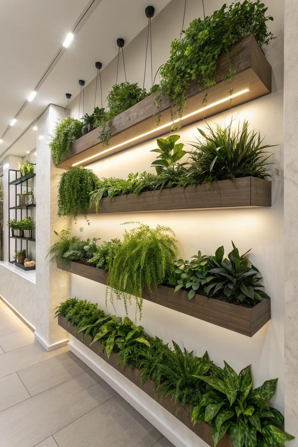 Floating shelves offer a minimalist approach to showcasing your indoor plants.