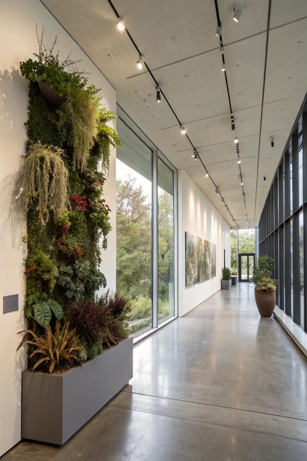 A modern gallery space featuring bold and sculptural plant arrangements as striking wall decor.