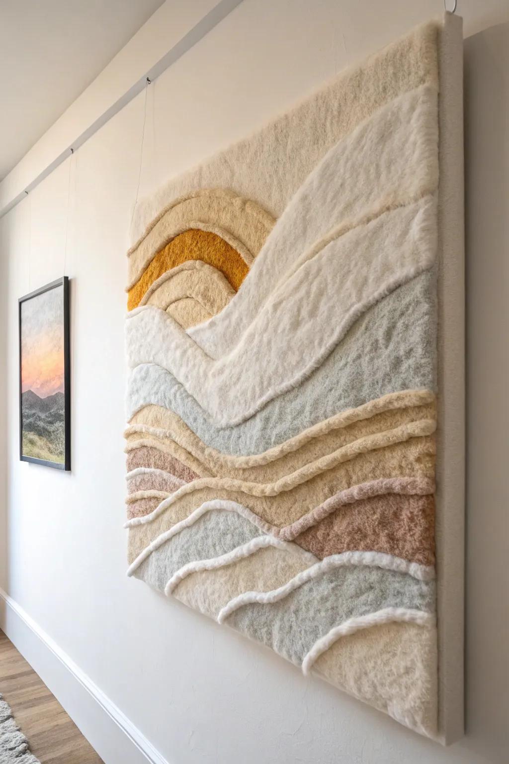 Elevate your space with the subtle elegance of abstract felted art, where craftsmanship meets minimalist beauty.