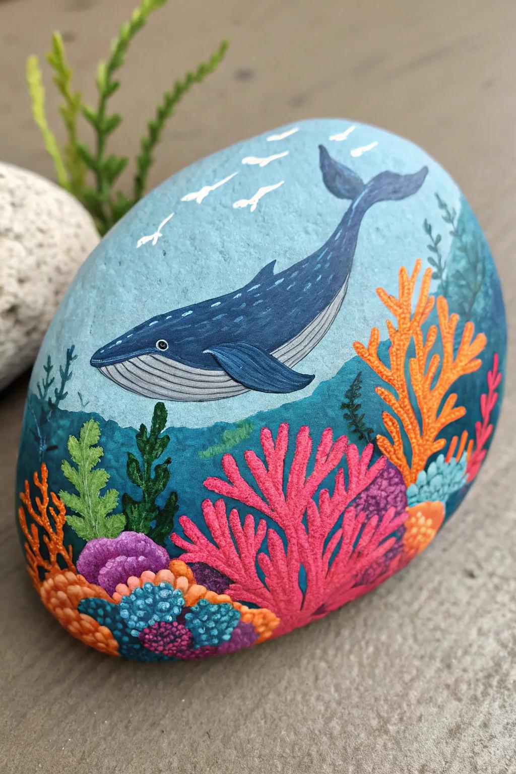Dive into a world of color with this stunning whale rock painting, where simplicity meets the vibrant beauty of the ocean.
