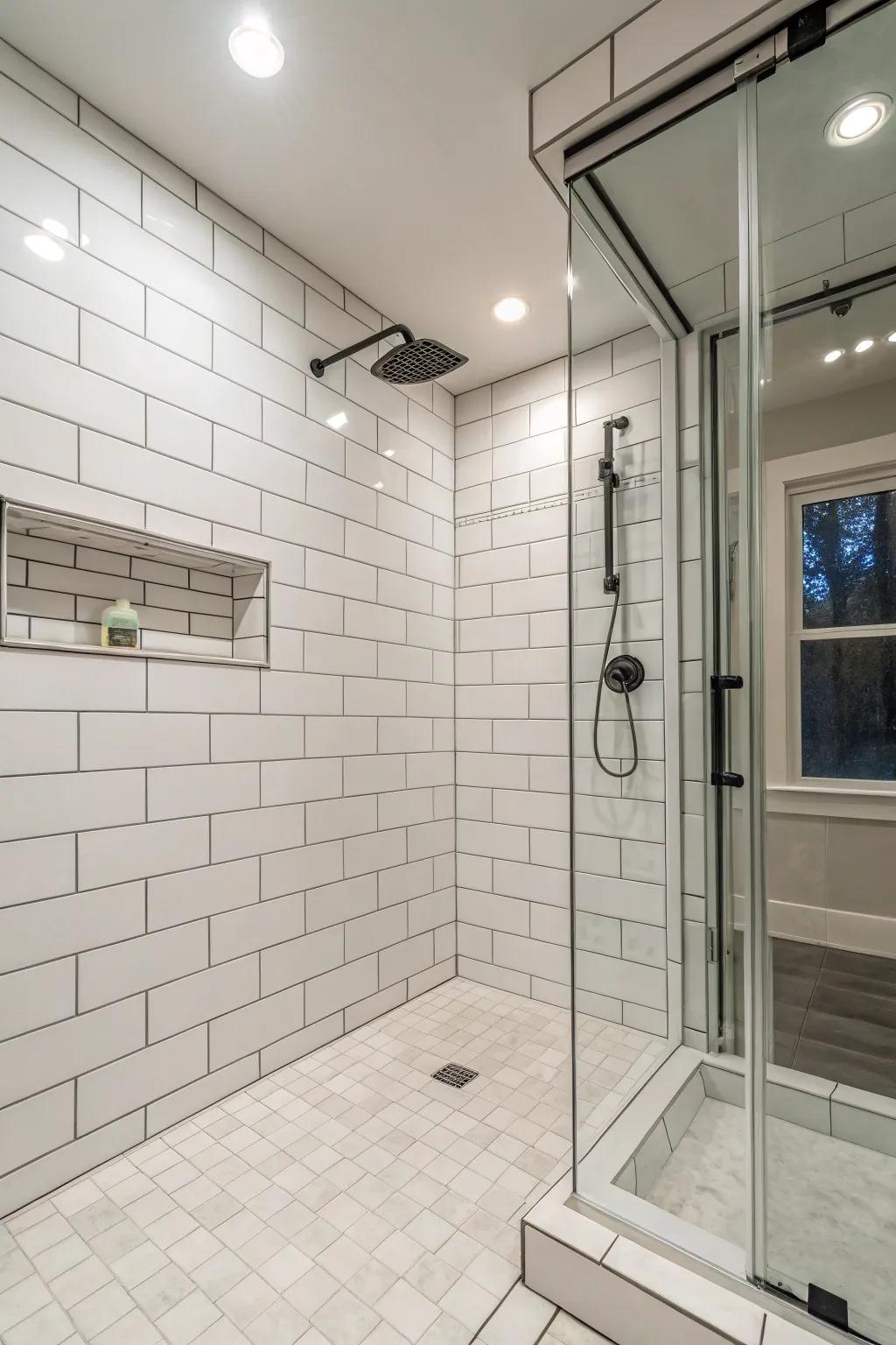 Large-format tiles create a seamless and spacious shower environment.