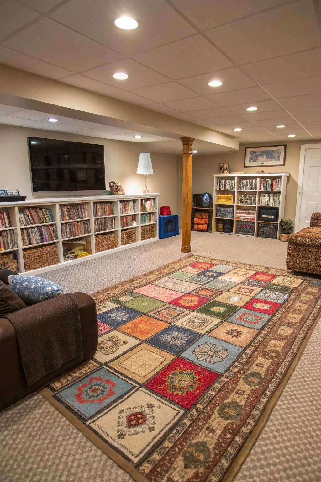Rugs can help define different zones in a basement for various activities.