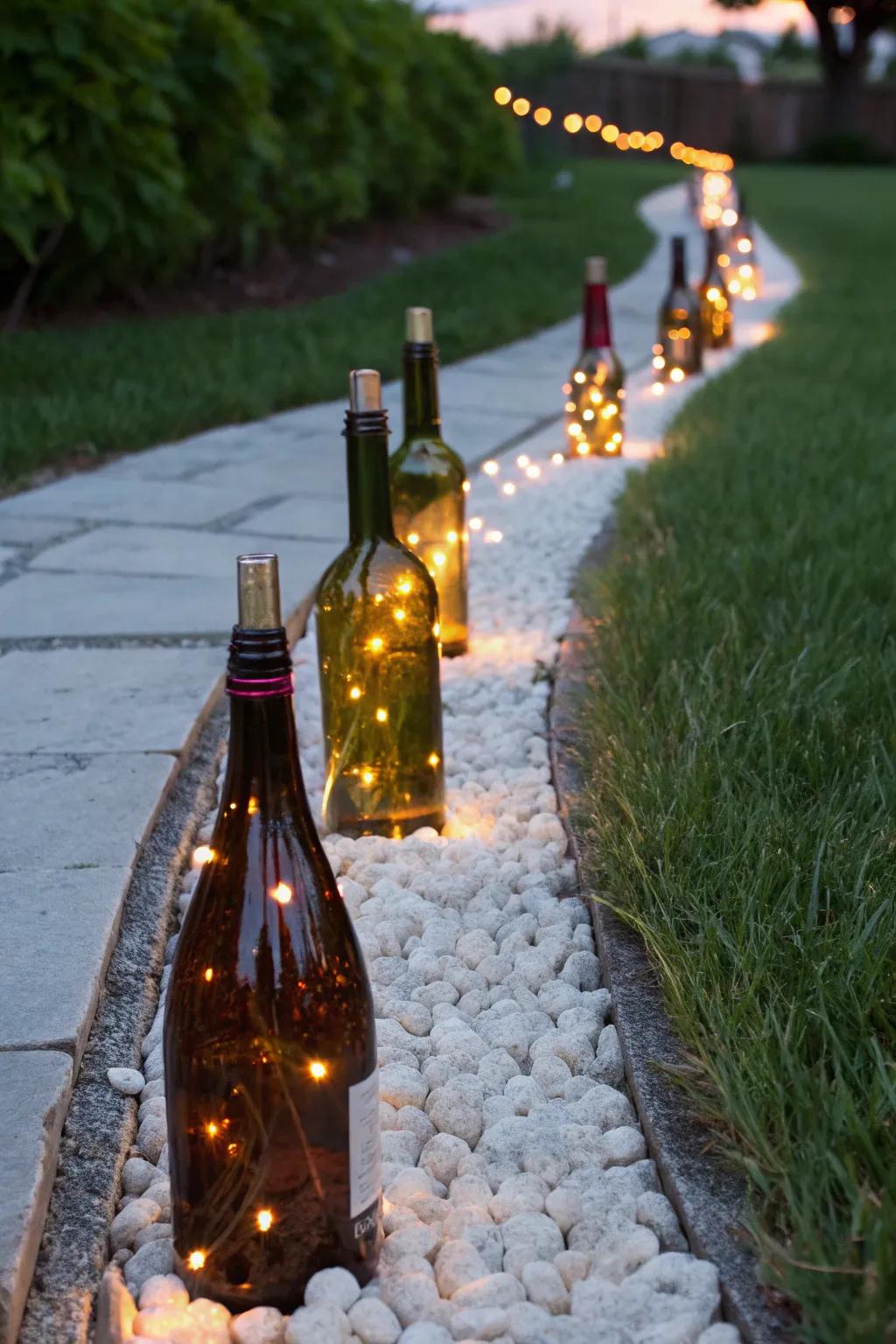 Illuminate your garden with enchanting wine bottle pathway lights, merging minimalist elegance with boho charm.