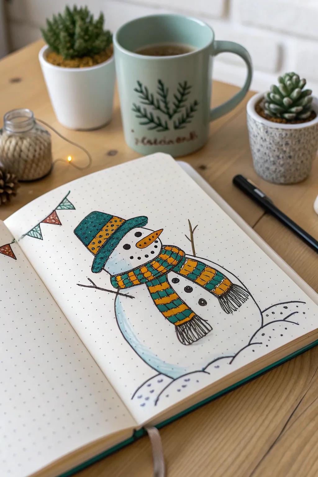 Craft your winter wonderland: Create charming snowman sketches to brighten your bullet journal.