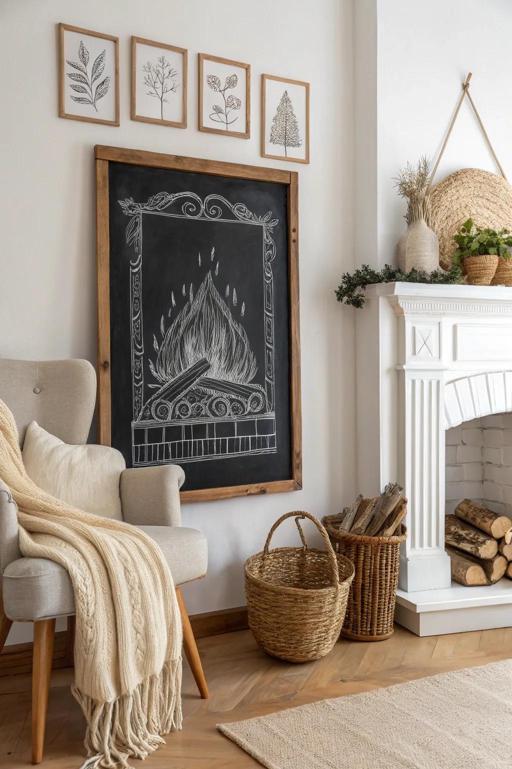 Warm up your space with a charming chalkboard fireplace illusion—where minimalist design meets cozy creativity.