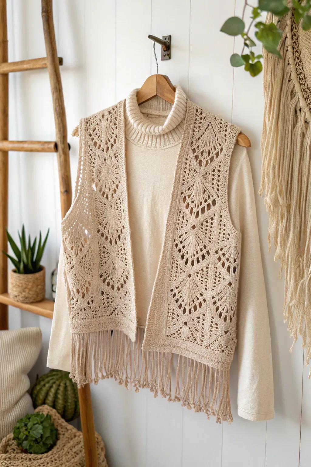 Elevate your winter style with a chic crochet vest, perfect for layering with cozy turtlenecks.
