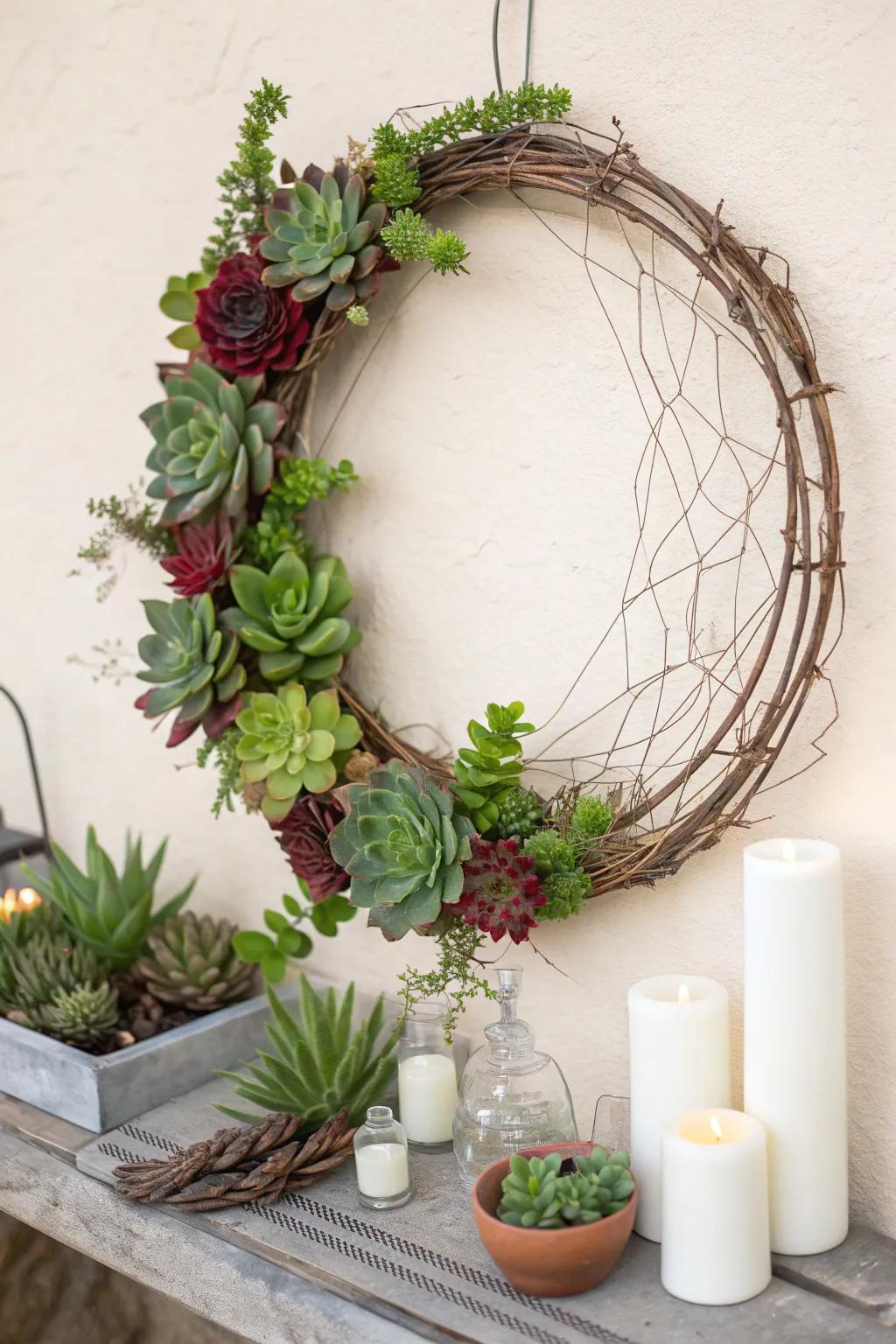 Bring nature indoors with a stunning succulent wreath, a perfect blend of simplicity and elegance.