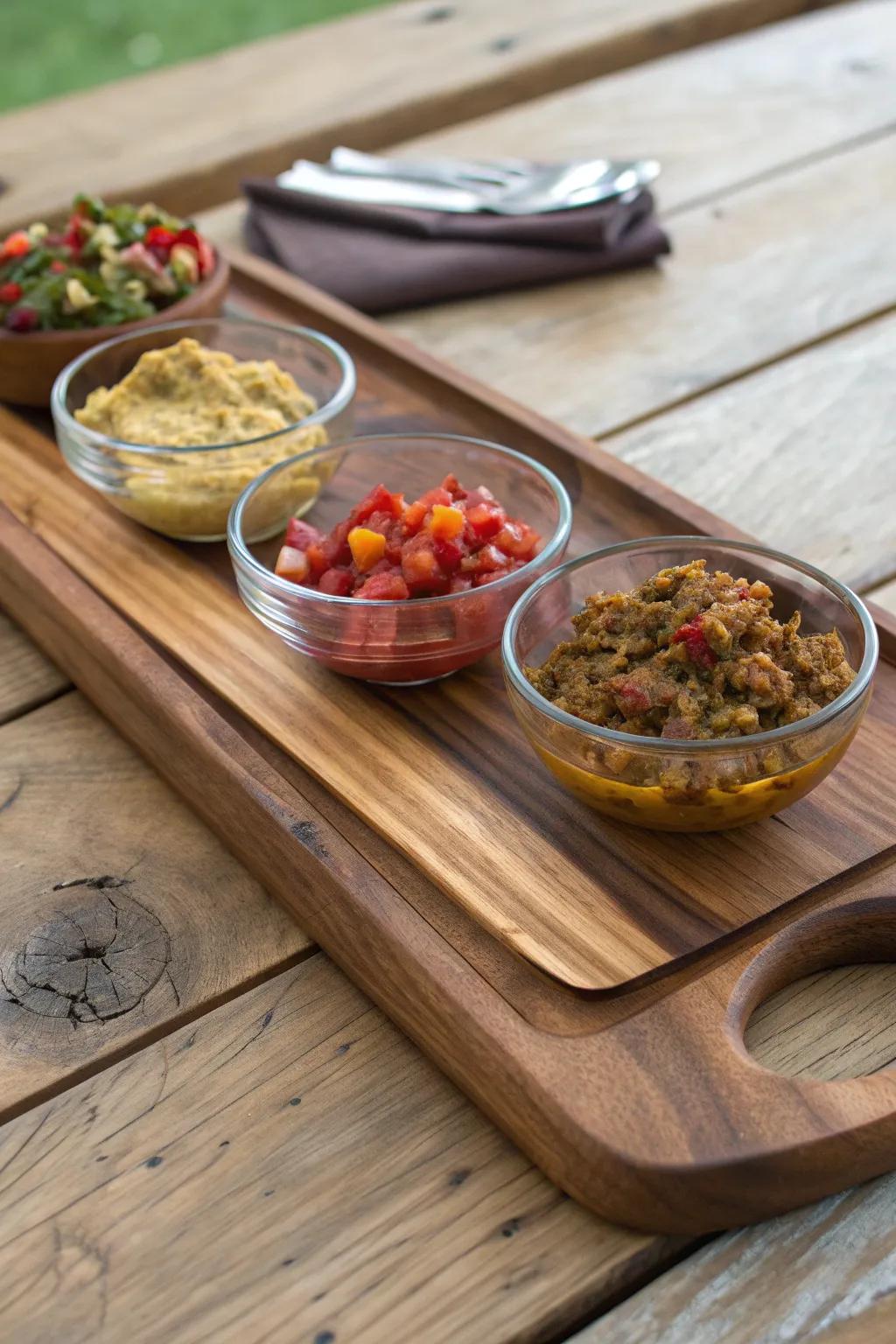 Elevate your charcuterie game with this artisanal wooden board featuring sleek glass elements for a touch of elegance.
