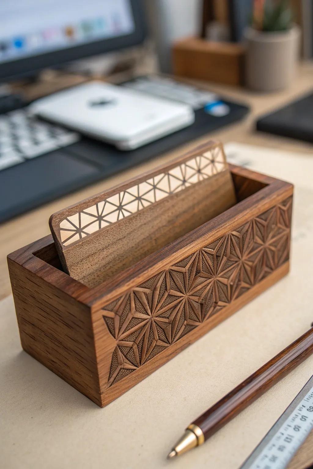 Elevate your networking game with a beautifully engraved wooden business card holder.