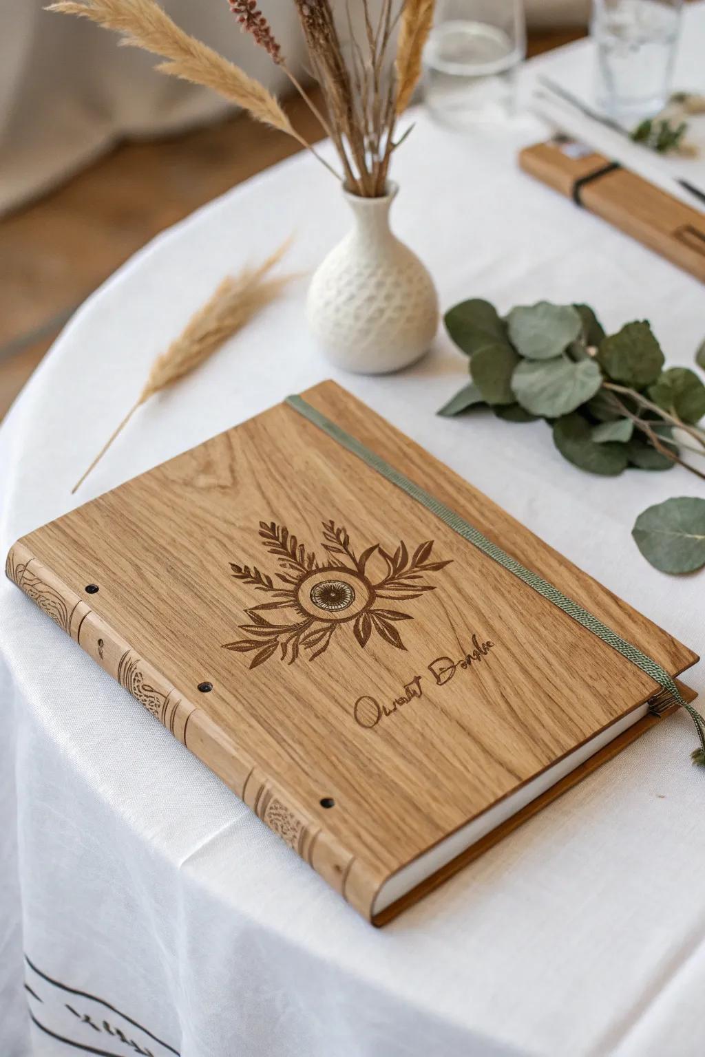 Cherish every moment with a handcrafted wooden guest book, a timeless keepsake for your special day.