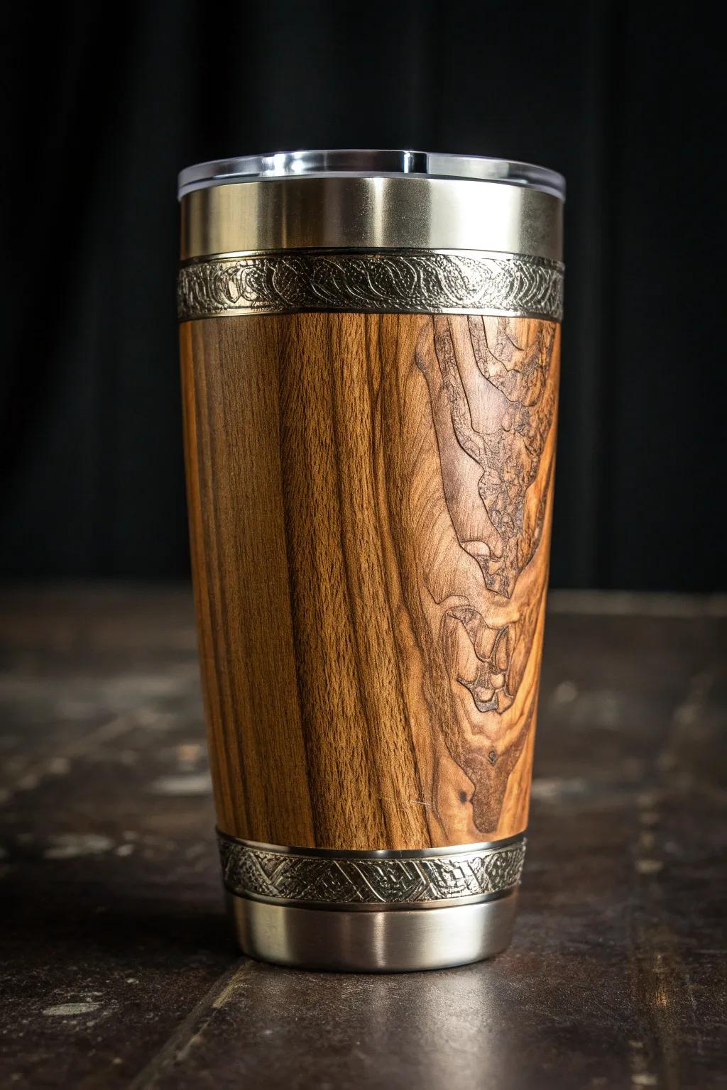 Rustic meets modern: Elevate your drinkware with this metallic-enhanced wood grain tumbler.