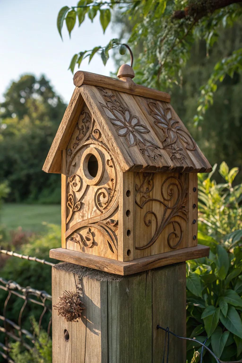 Welcome nature's charm with a handcrafted wooden birdhouse, perfect for your garden sanctuary.