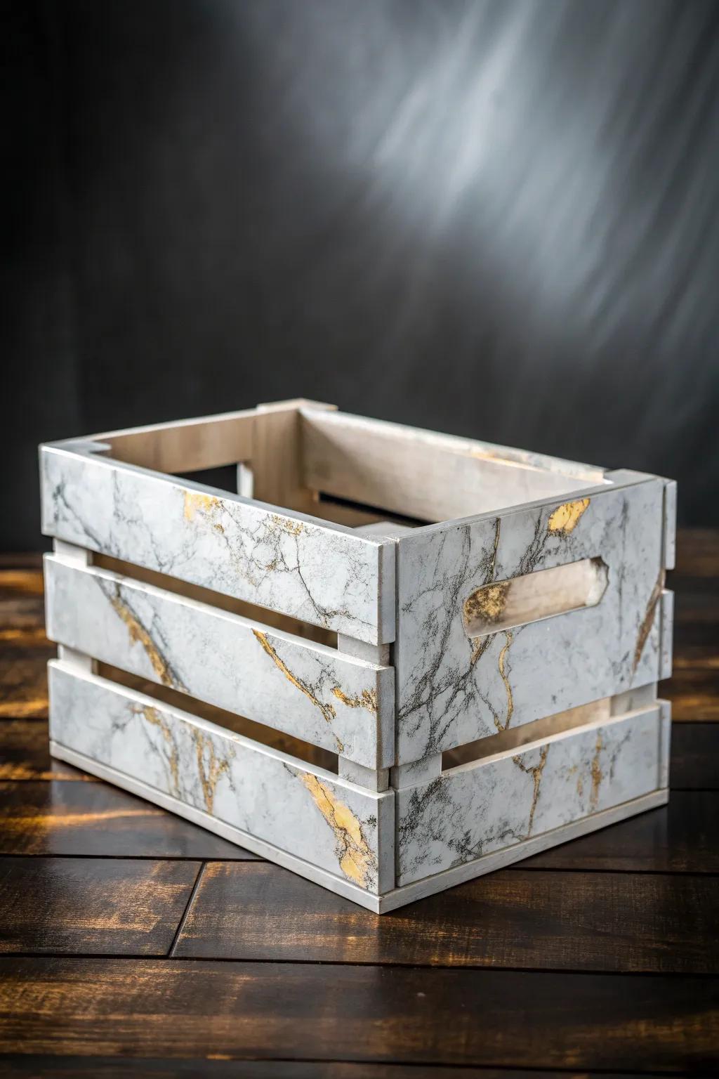 Transform your space with the elegance of a faux marble finish on your wooden crate. A touch of craftsmanship that speaks volumes.