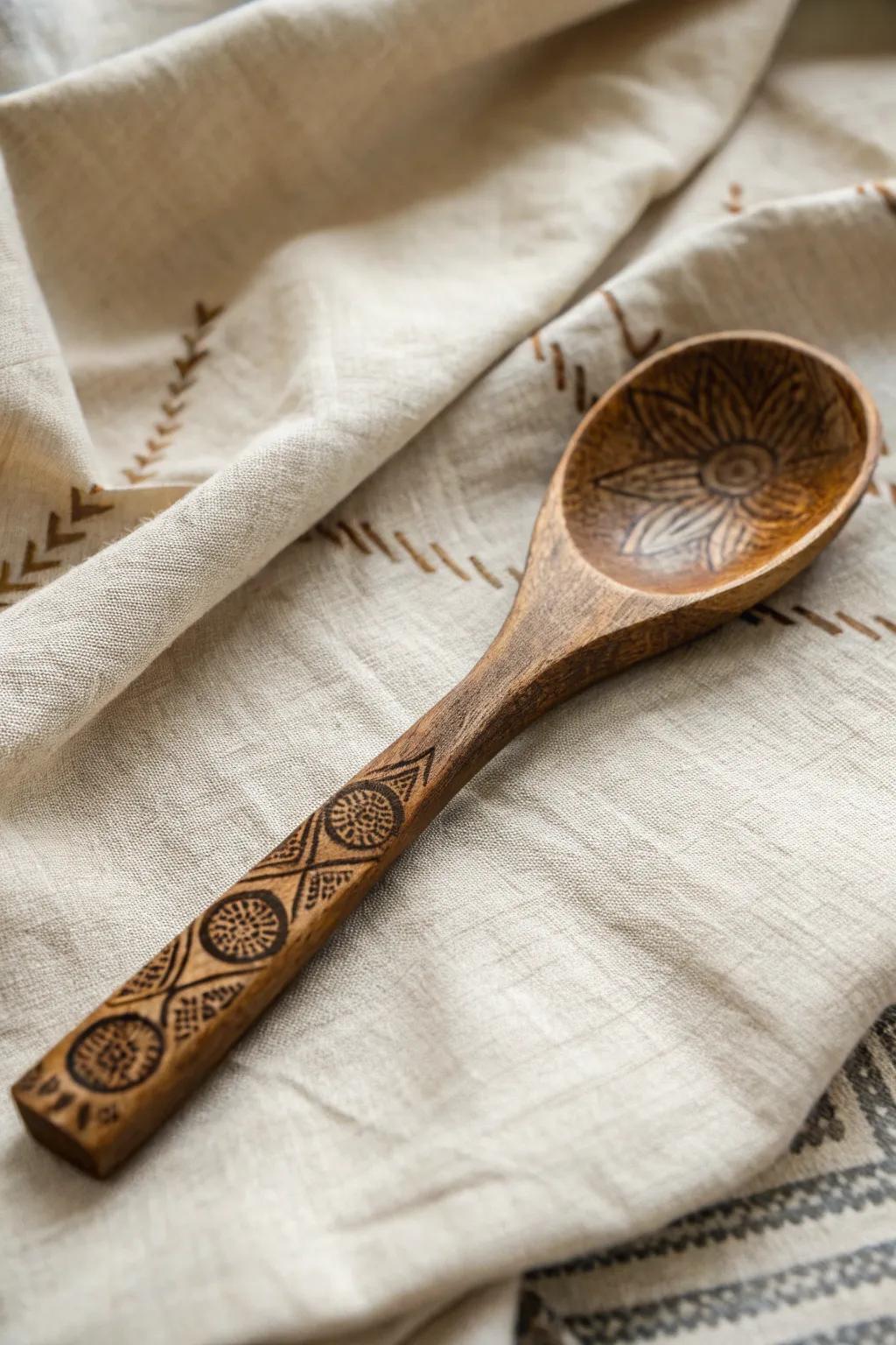 Discover the beauty of cultural artistry with this intricately carved wooden spoon, blending Scandinavian and African inspirations for a touch of global elegance.