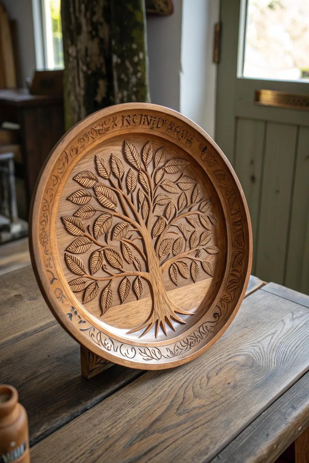 Celebrate family stories with this intricately engraved wooden plate, a timeless heirloom for generations to cherish.