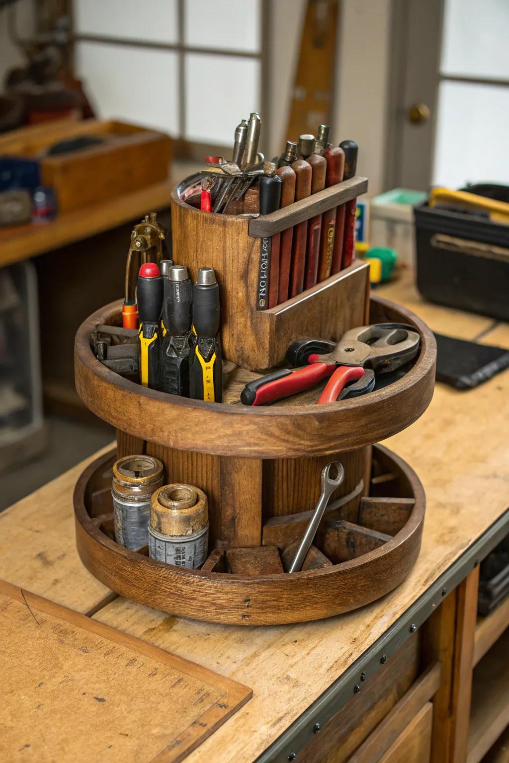 Transform your workspace with a handcrafted rotating tool caddy – where style meets functionality.