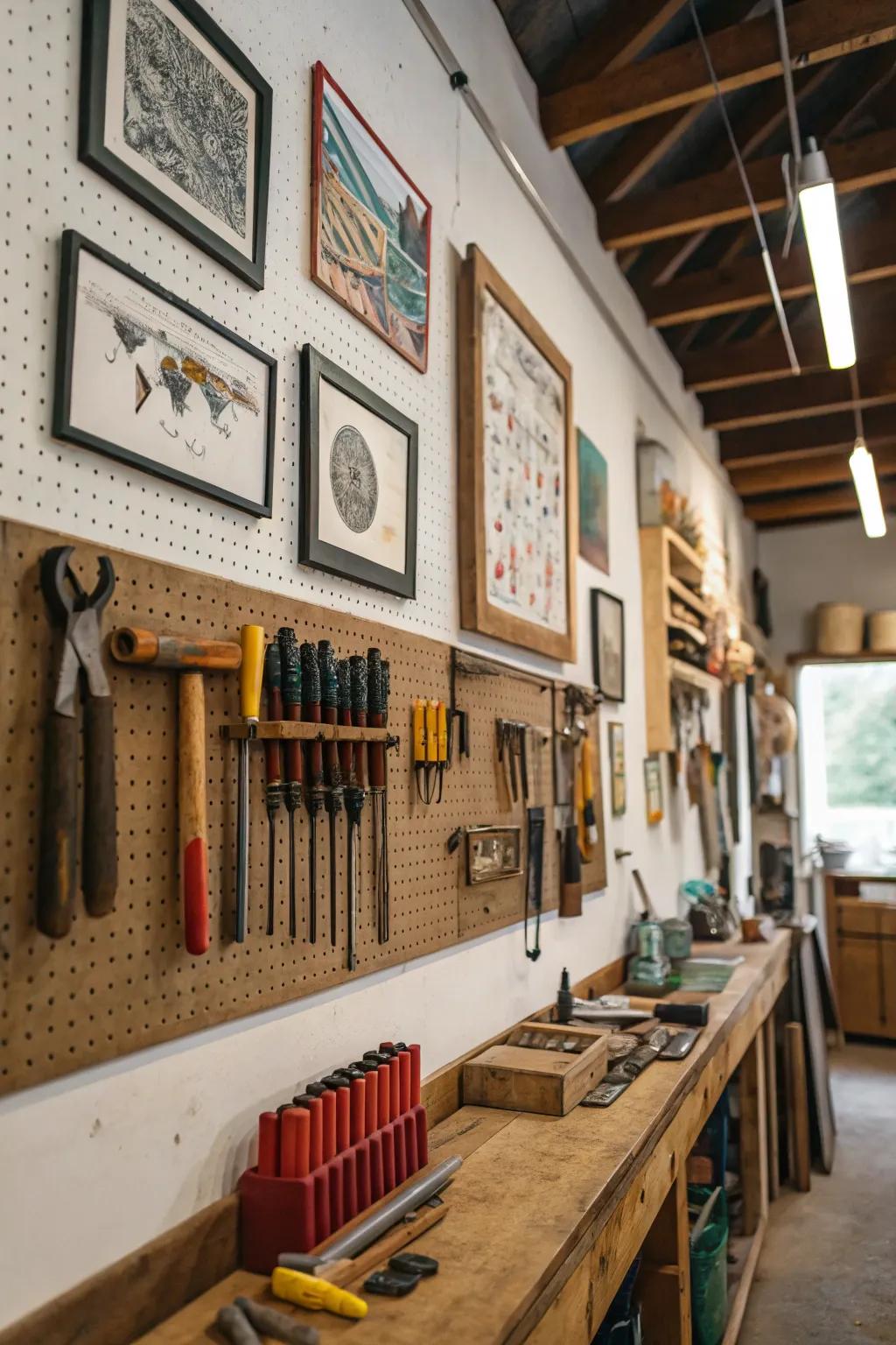 Functional art pieces add creativity and utility to workshop walls.