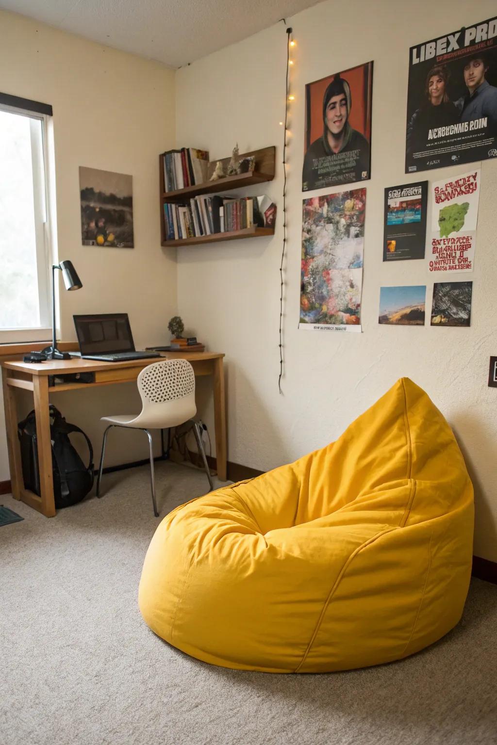 A yellow beanbag offers a fun and functional seating option.