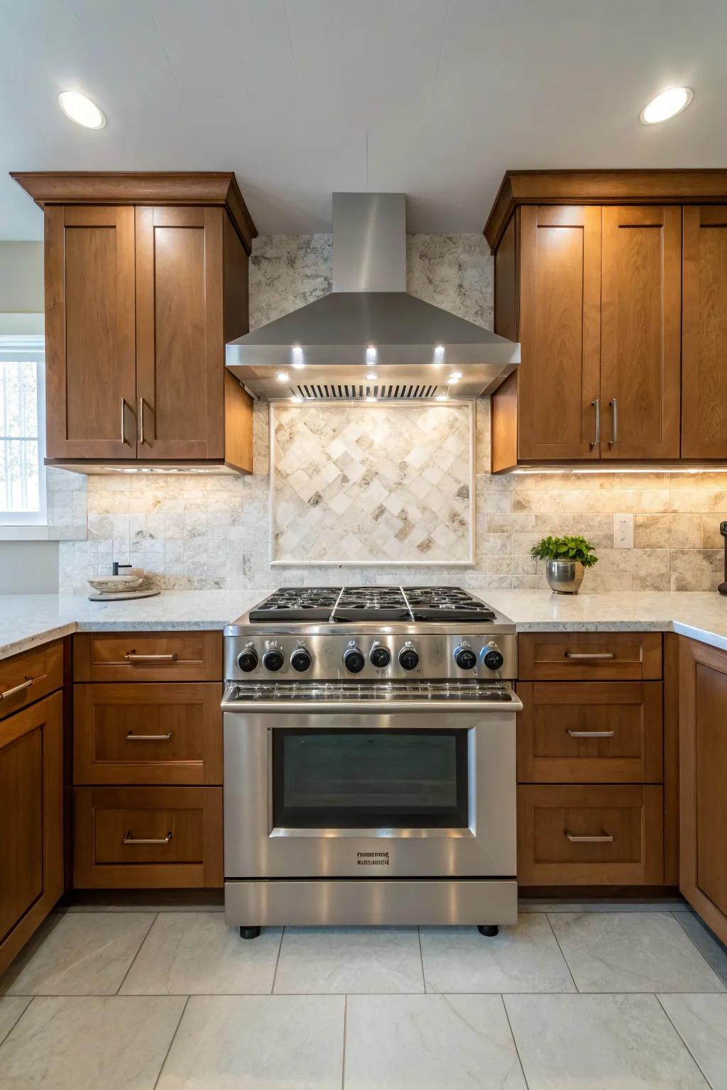 A bold quartz backsplash makes the stove area a striking focal point.