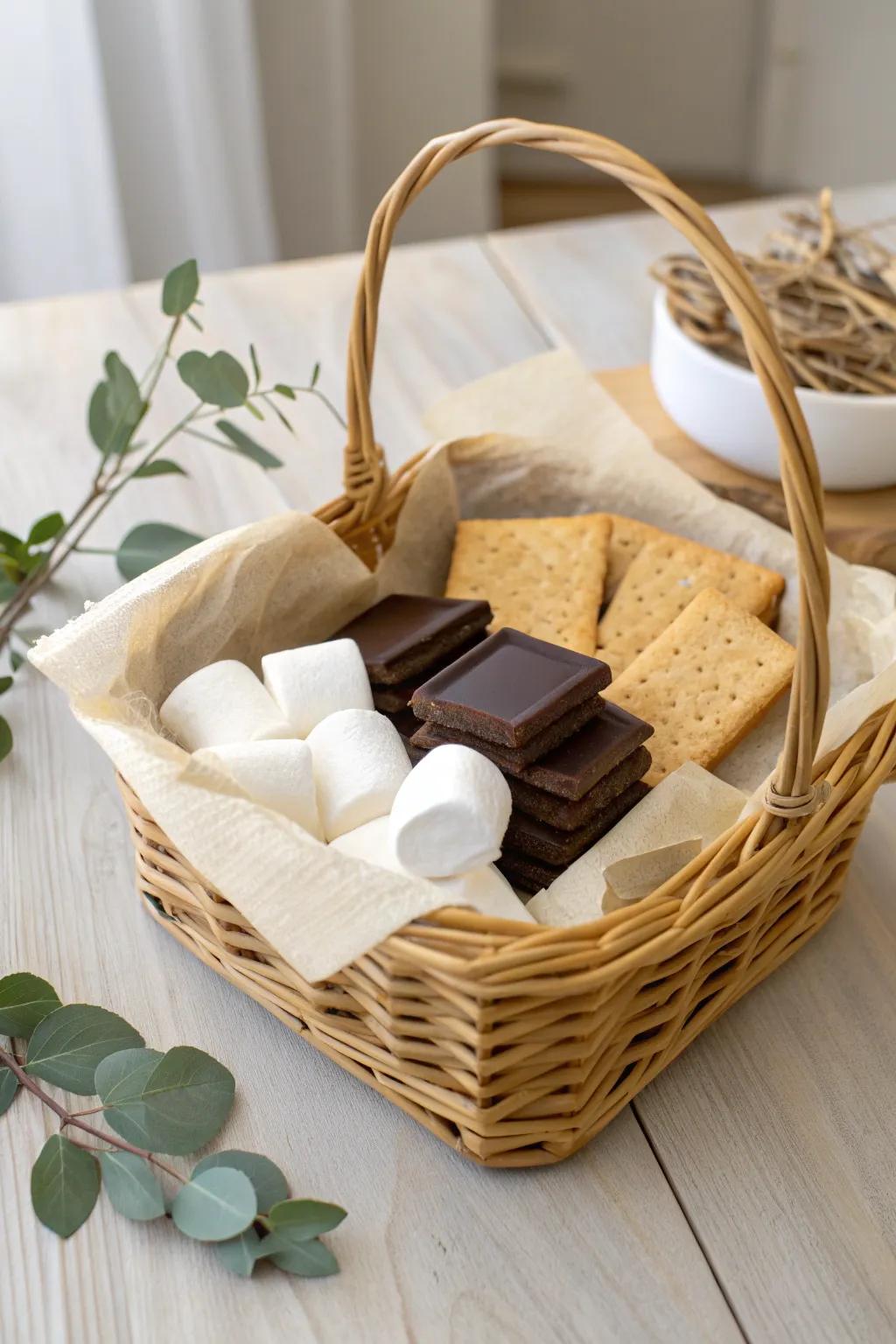 Indulge in simple pleasures with a charming S'mores gift basket, perfect for a cozy 4th of July celebration.