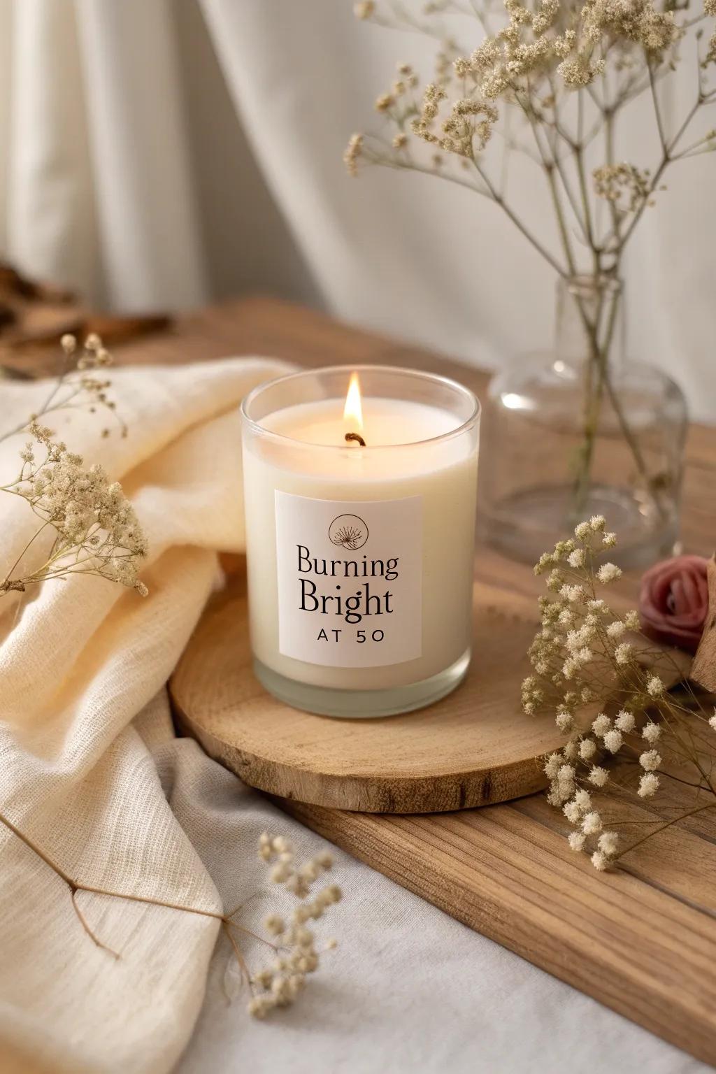 Illuminate your celebration with a touch of elegance: a personalized candle for a 50th birthday.