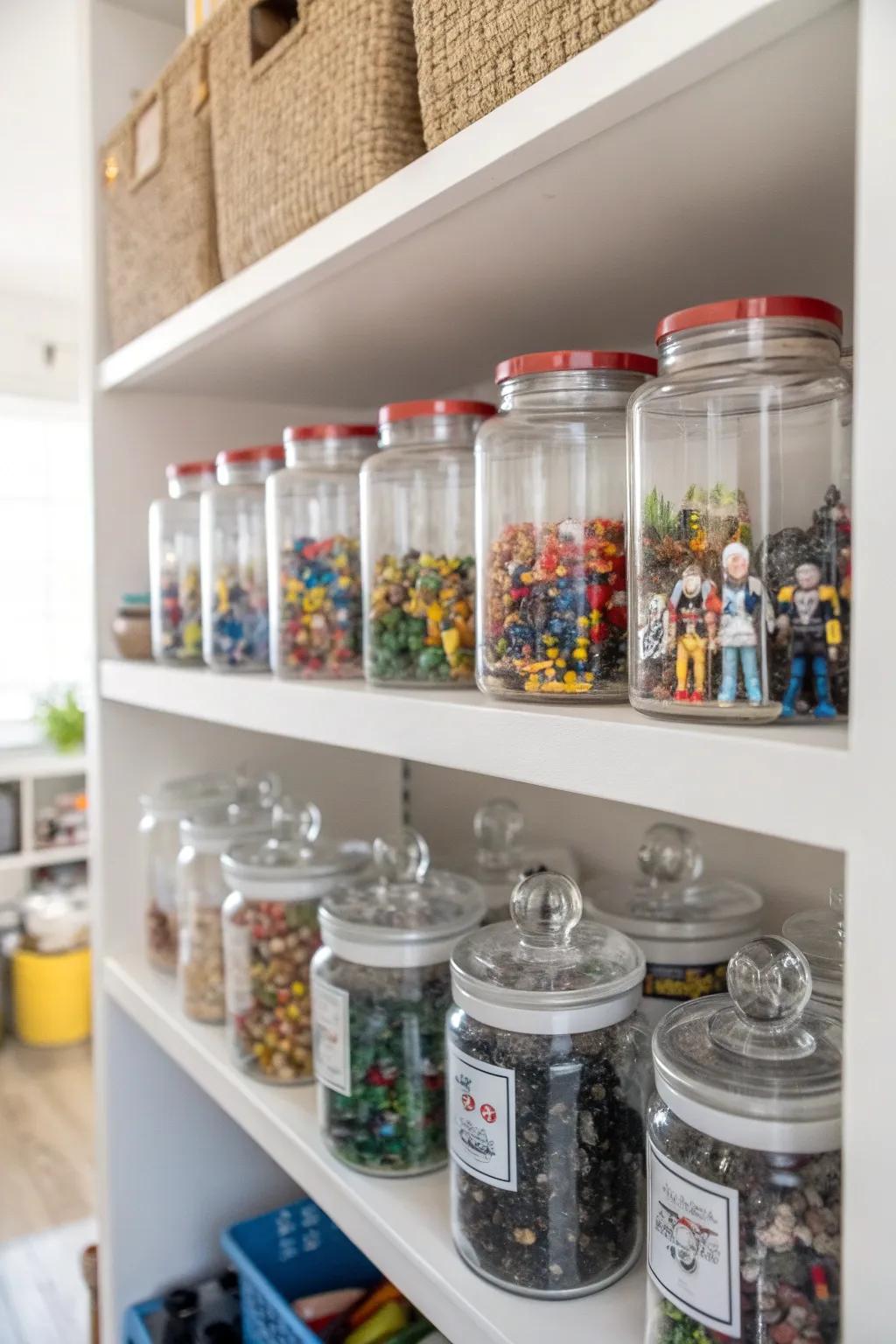 Glass jars offer a chic and organized display for small figures.