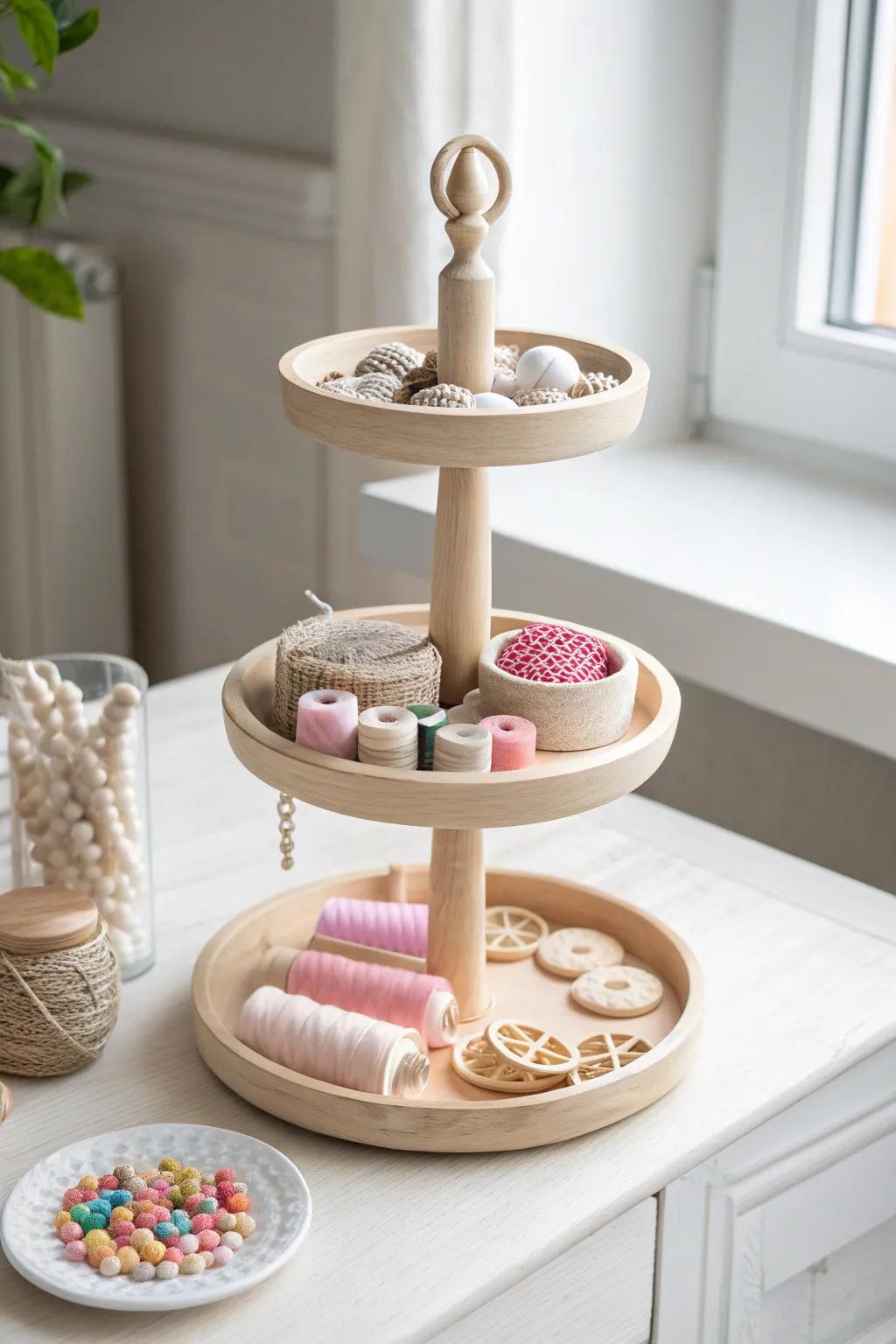 Organize your crafting essentials with elegance and charm using a tiered dessert stand!
