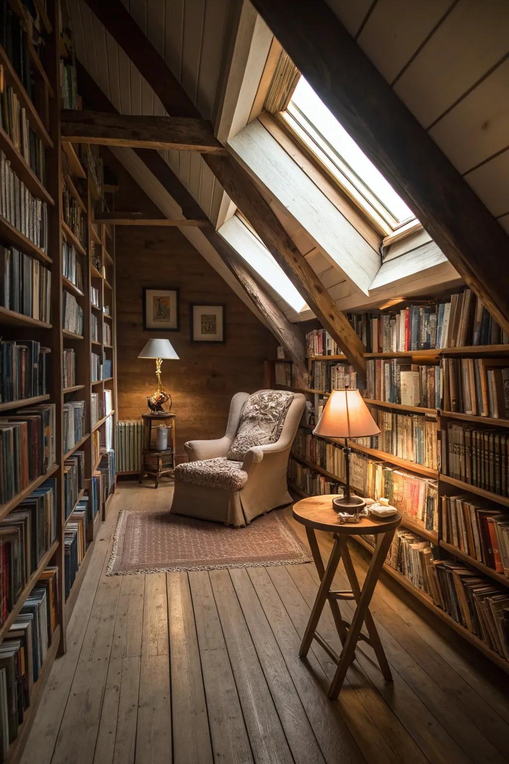 A hidden library in the attic, perfect for book enthusiasts.