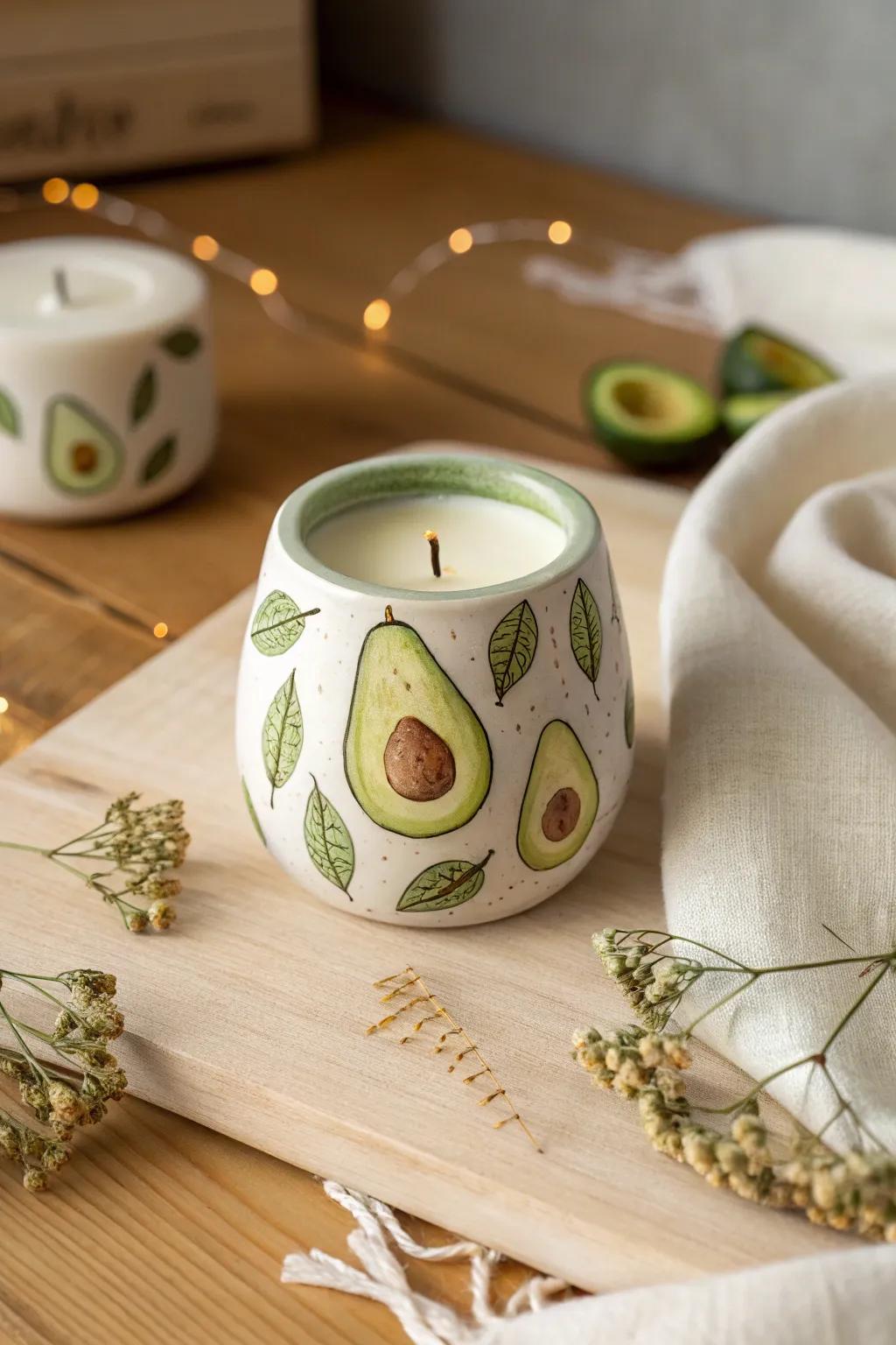 Illuminate your space with the natural charm of avocado-themed candle holders. Perfect for a cozy, boho-inspired atmosphere.