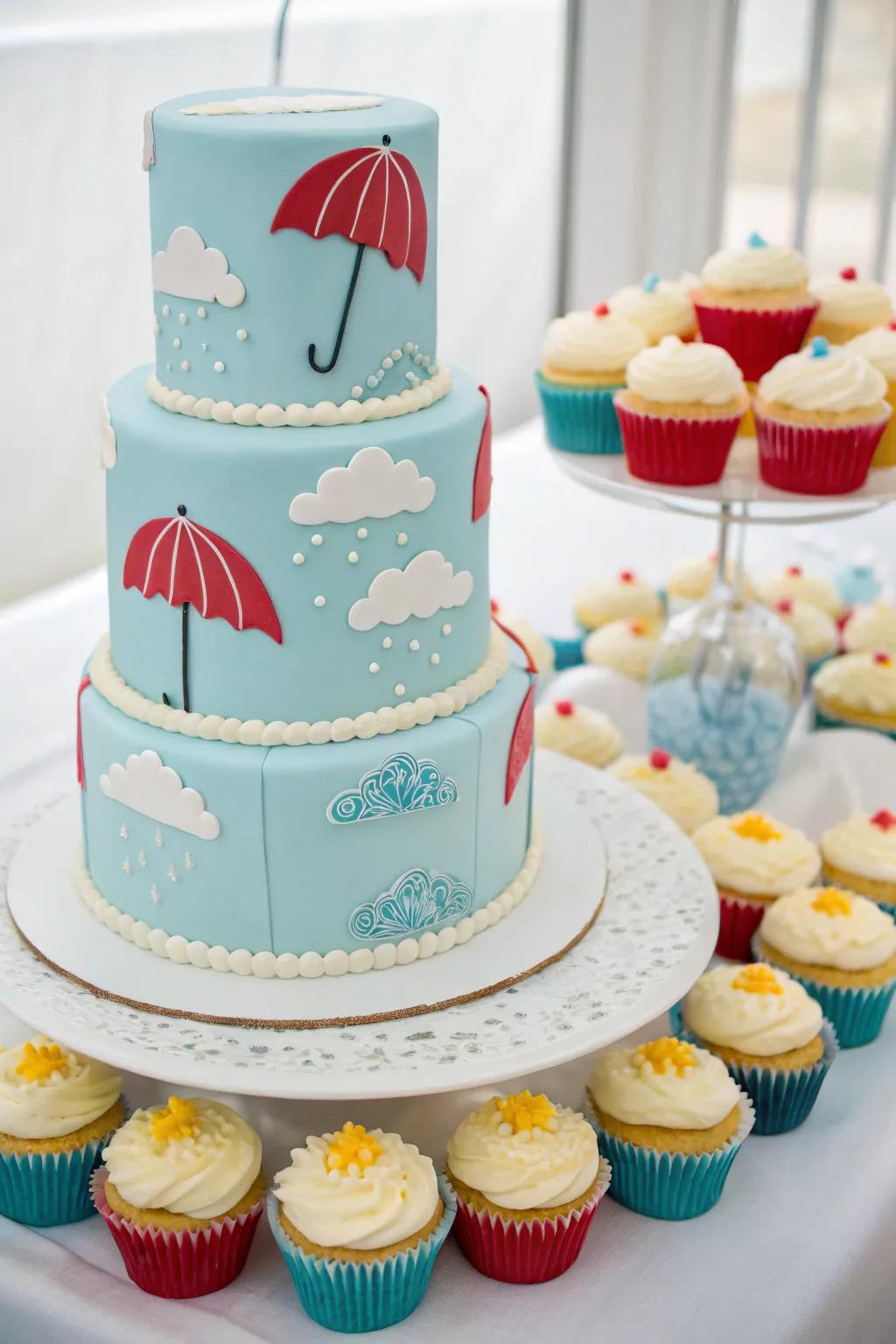 An umbrella and cloud-themed cake steals the show.